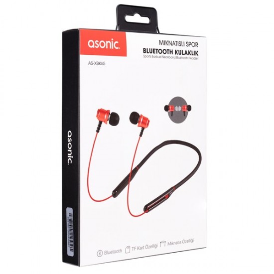 Asonic As-xbk65 Kırmızı Boyun Askılı Mıknatıslı Bluetooth Tf Kart Spor Kulak Içi Kulaklık